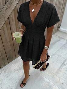 Siren Gaze Women's V-Neck Lace Patchwork Casual Romantic Elegant Daily Summer Mini Dress Vacation Party Black - Black - View 8