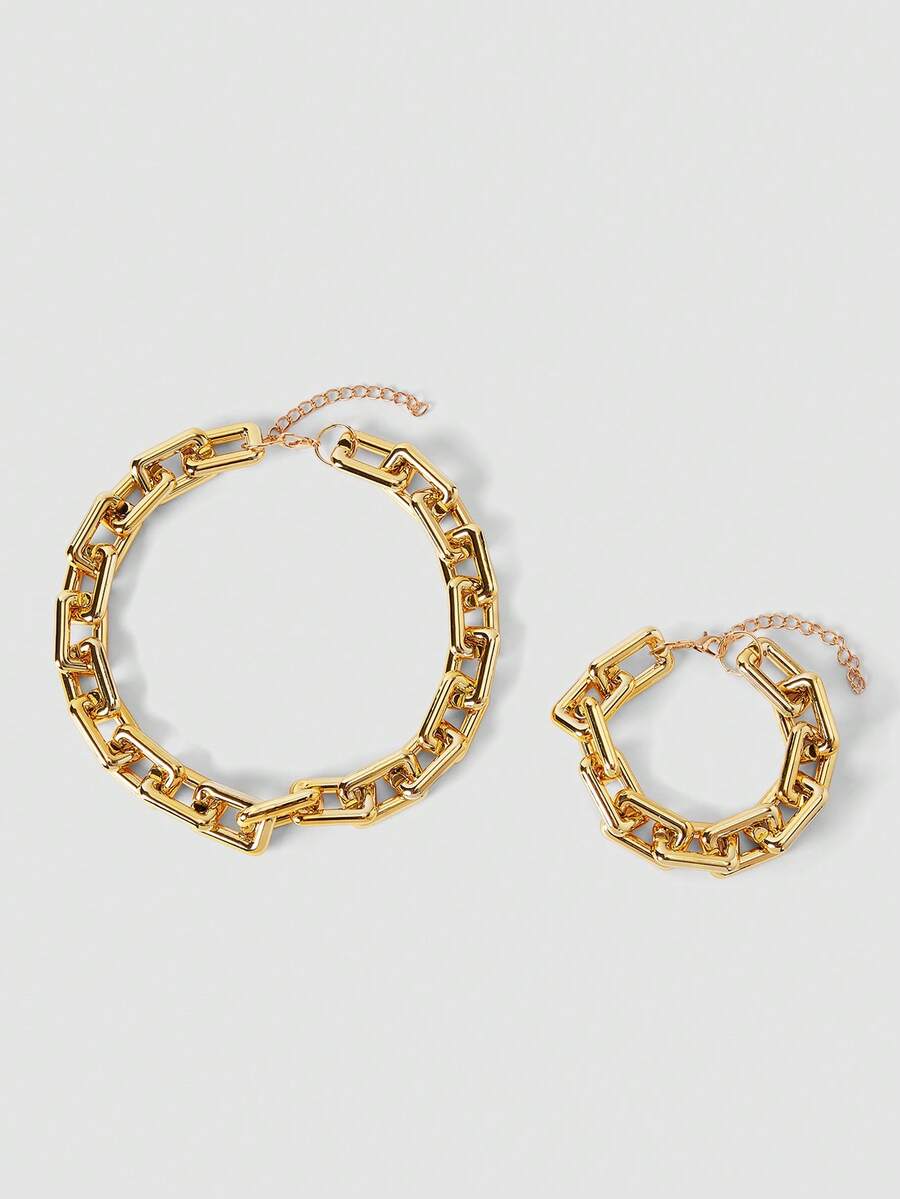 MortiRose 2pcs Punk Exaggerated CCB Thick Chain Bracelet & Necklace Set, Suitable For Date, Vacation, Daily Outfit, Party Gift - Yellow Gold - View 1