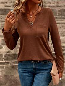 EMERY ROSE Spring/Autumn Casual Versatile Solid Color Notch Neck T-Shirt - Rust Brown - View 6