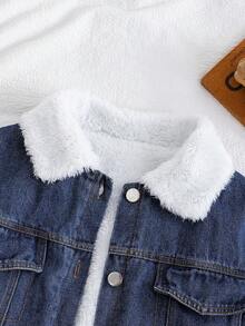 SHEIN 女童大童夾克外套，翻領、口袋、保暖內裡，秋冬休閒日常，學院風 - 藍色 - 查看 5