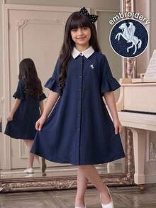 KidsTween Girl Casual Academy 7-Point Ruched Flare Long Sleeve Contrast Collar Small Logo Horse Embroidery A-Line Dress Navy Blue Deep Royal Blue Back To School Fashion Commute Street Style - Navy Blue - View 9