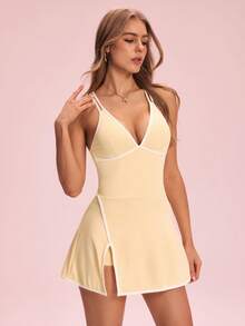 SHEIN Sovereign Charm 2026 春夏新款女款專業運動瑜伽修身細肩帶洋裝 - 淡黃色 - 查看 5