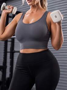 Solea Cove 1pc Plus Size Gray Sports Racerback Tank Top, Suitable For Fitness/Yoga - Dark Grey - View 3