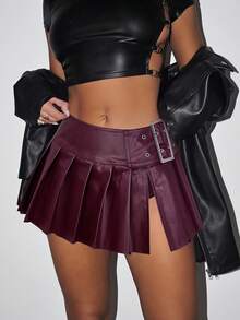 SHEIN ICON Y2k 黑色 90 年代低腰带扣褶边半身裙 - 酒紅色 - 查看 8