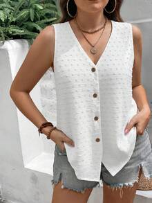 EMERY ROSE 大尺碼女款時尚無袖毛絨球休閒傳統襯衫，極簡顯瘦度假風白色夏季上衣 - 白色 - 查看 3