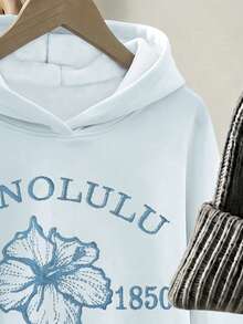 薄荷藍 Tween 女孩休閒復古字母刺繡海灘風海洋波希米亞刺繡圖案厚實柔軟連帽衛衣，適合秋冬日常穿著，Chill Chill - 彩色 - 查看 6