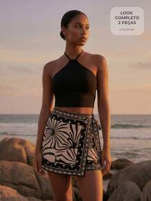 CAJUNI Women's Solid Color Halter Top And Floral Print Mini Skirt Casual Daily Outfit Set - Black - View 1