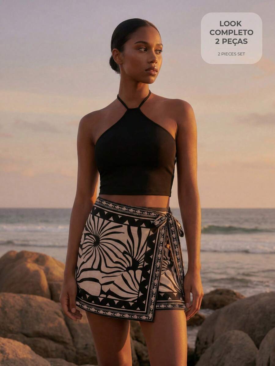 CAJUNI Women's Solid Color Halter Top And Floral Print Mini Skirt Casual Daily Outfit Set - Black - View 1
