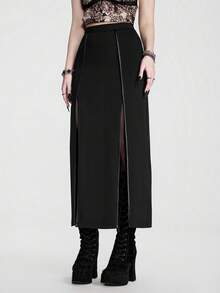 Breakform Gothic Halloween Sexy High-Waisted Maxi Skirt With Slit – Classic, Slimming, Versatile, Dark & ​​Edgy Style - Black - View 6