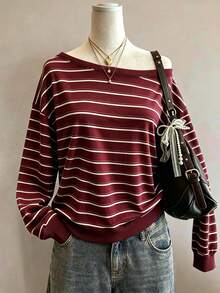 Lalippa Striped Digital Print Fashion Minimalist Women's Large Scoop Neck Long Sleeve Sweatshirt, Friend's Gift - Multicolor - View 1