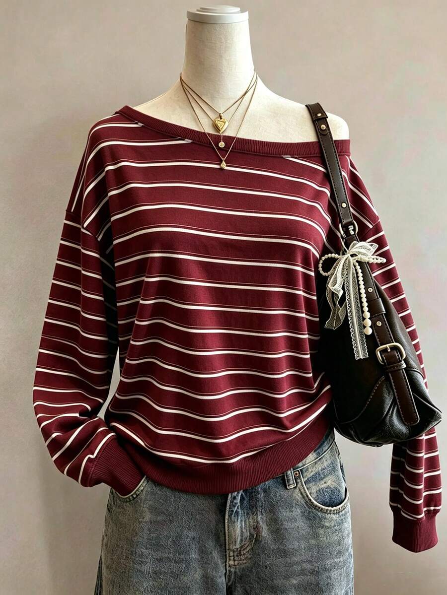 Lalippa Striped Digital Print Fashion Minimalist Women's Large Scoop Neck Long Sleeve Sweatshirt, Friend's Gift - Multicolor - View 1