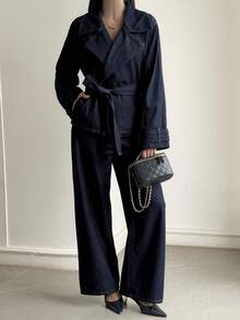 DAZY Setelan Denim Kasual Musim Gugur: Mantel Trench Pendek Wanita dan Celana Panjang Lurus - Dark Wash - View 5