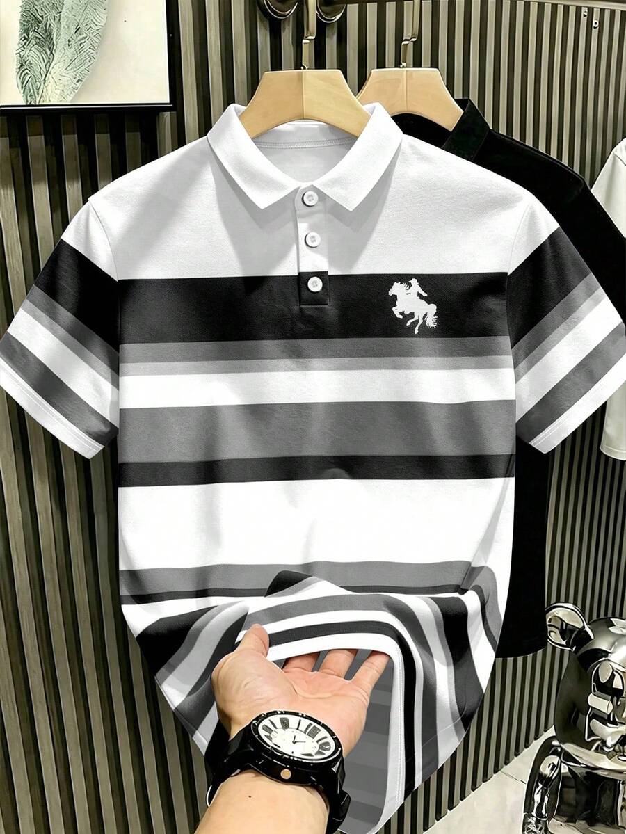Manfinity Hypemode 美式復古經典風格彩色條紋馬標印花 Polo 衫,學院風休閒夏季上衣,男女款圖案 T 恤,適合日常穿著、休閒與度假短袖襯衫 - 彩色 - 查看 1