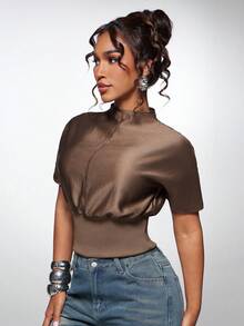 Normani 女款素色立領休閒百搭日常穿搭上衣 - 杏色 - 查看 6