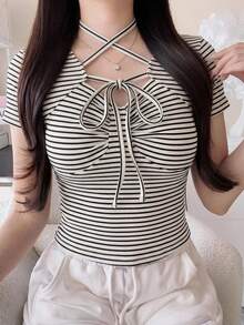 FRIFUL Women's Summer New Solid Color Ruched Drawstring Bowknot Cinched Waist Casual Versatile T-Shirt Cute Tops - Black - View 4