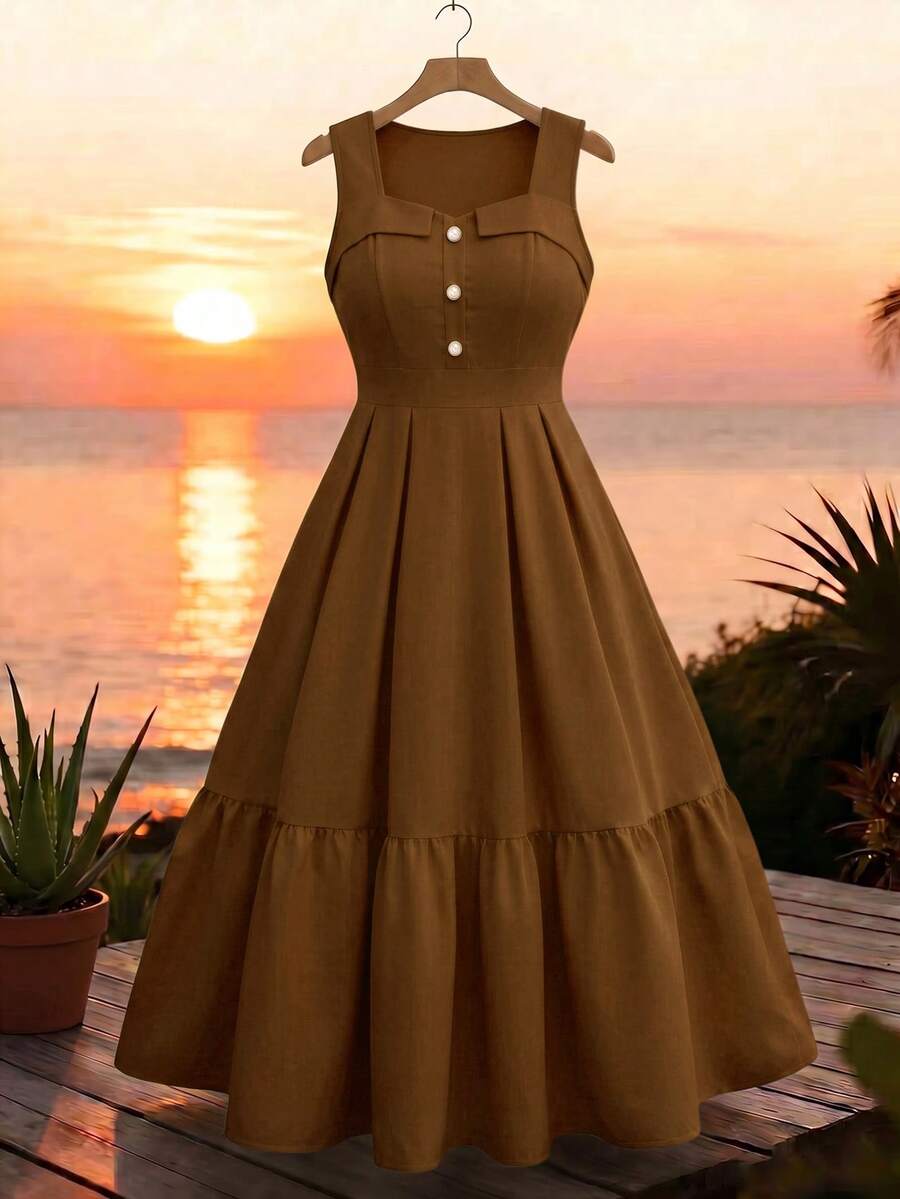 GlowEve CURVE Plus Size Sleeveless U-Neck Long Dress For Women, Suitable For Casual, Daily, Vacation, Commute And Other Occasions - Coffee Brown - View 1