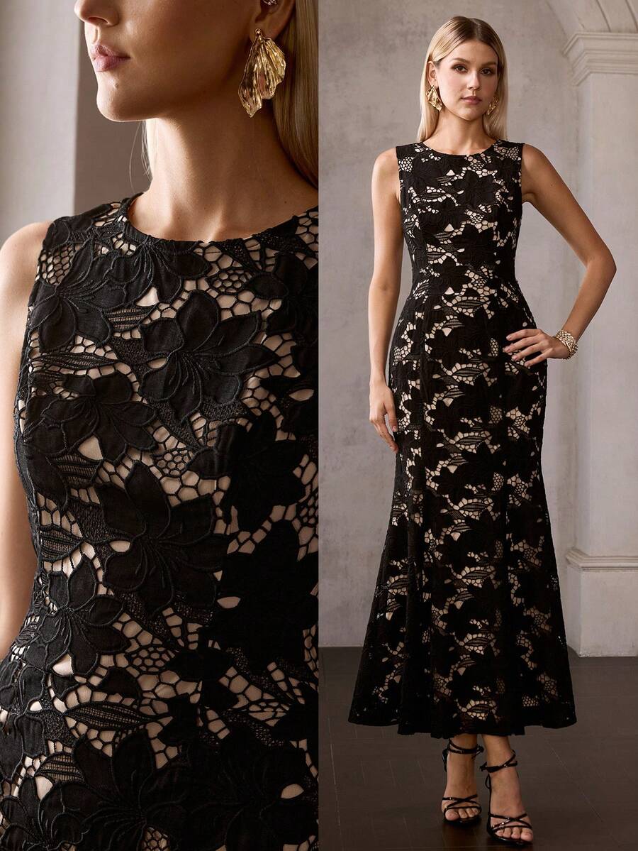 MOTF PREMIUM MODISCHES TAILLIERTES SCHLANKMACHENDES ROMANTISCHES RUNDHALSAUSSCHNITT MEERJUNGFRAU KLEID FÜR DAMEN - Schwarz - Übersicht 1