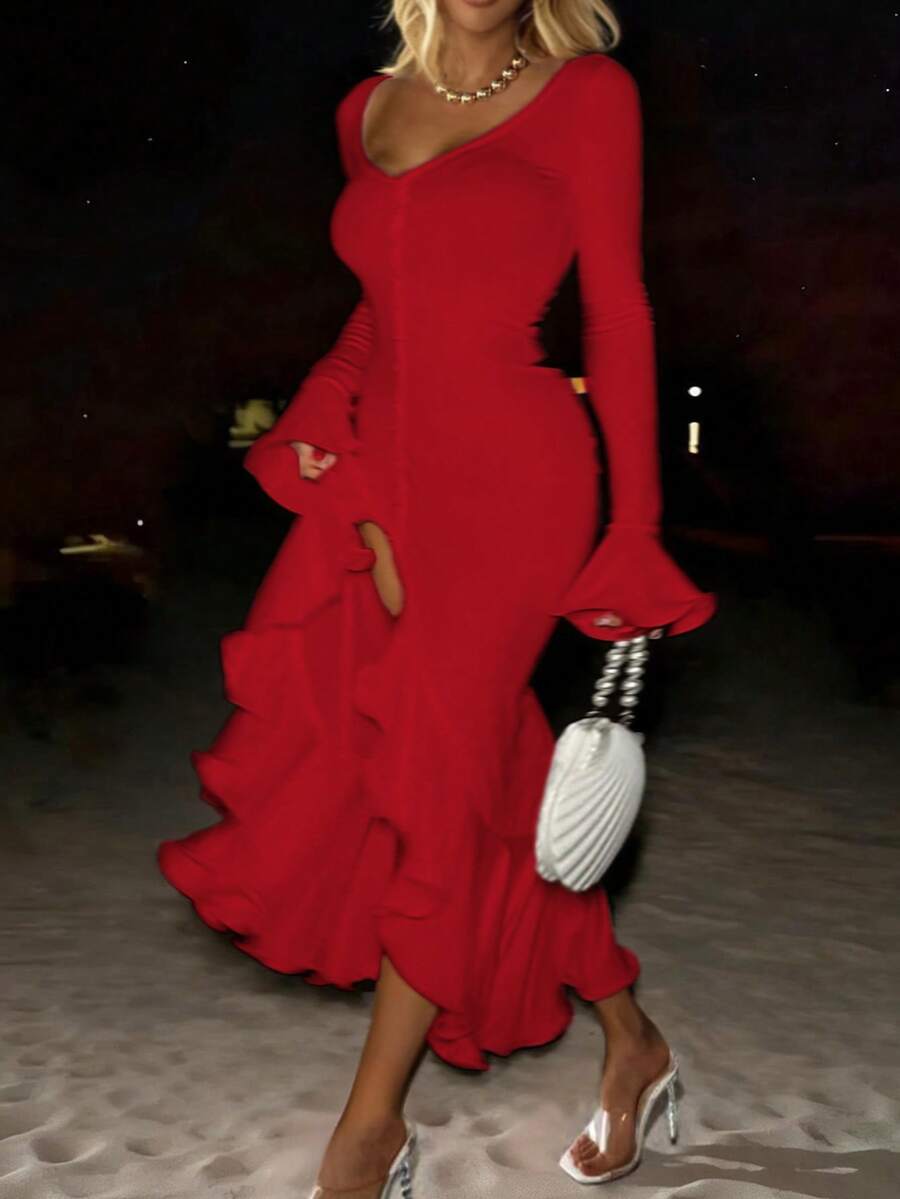 INAWLY Women's Autumn New Solid Color Long Sleeve Fitted Ruffle Hem Dress Party Night Red - Burgundy - View 1