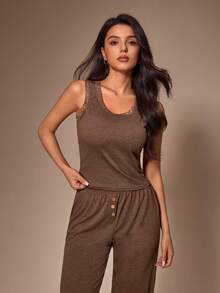 Lazeform Lace Patchwork Women's Casual Pajama Loungewear Set - Coffee Brown - View 2