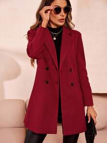 SHEIN Clasi Lapel Neck Double Breasted Overcoat In Fall/Winter - Burgundy - View 1