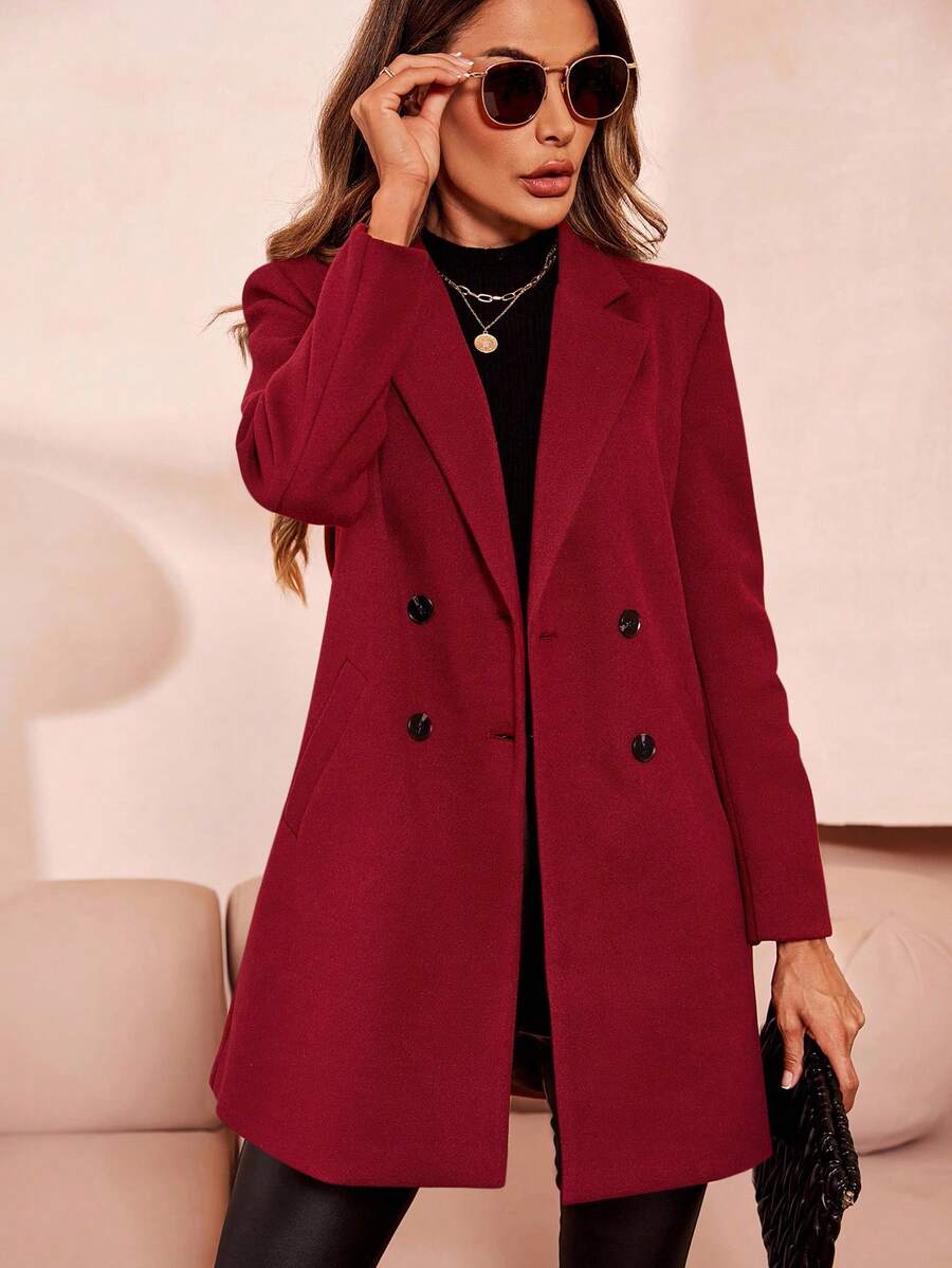 SHEIN Clasi Lapel Neck Double Breasted Overcoat In Fall/Winter - Burgundy - View 1