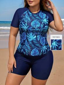 Swim Lushoire Plus Size Women Summer Beach Contrast Tropical Print Rashguard Set For Beach Vacation - Navy Blue - View 1
