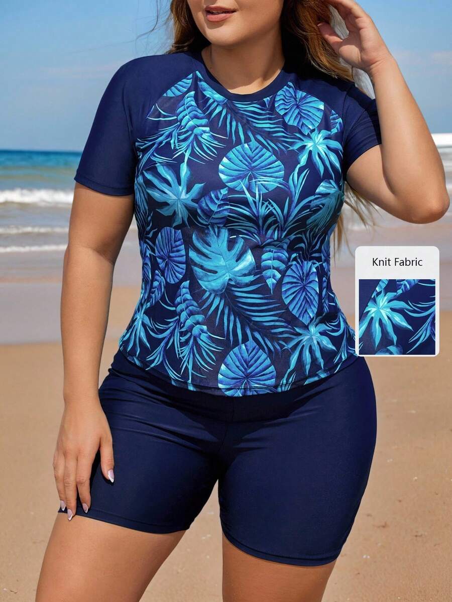 Swim Lushoire Plus Size Women Summer Beach Contrast Tropical Print Rashguard Set For Beach Vacation - Navy Blue - View 1