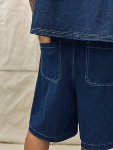 Solid Color Front Button Short Sleeve Shirt And Denim Shorts Casual Suit - Blue - View 10