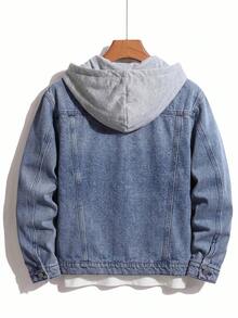 SHEIN 青少年男孩時尚休閒 Y2K 復古酷感街頭鏤空破洞毛邊藍色針織連帽寬鬆長袖牛仔外套，適合日常穿著、電音節慶與街頭穿搭 - 藍色 - 查看 2