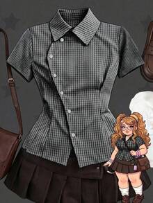 Sunspun Plus Size Spring/Summer Asymmetrical Collar Short Sleeve Plaid Shirt - Multicolor - View 1