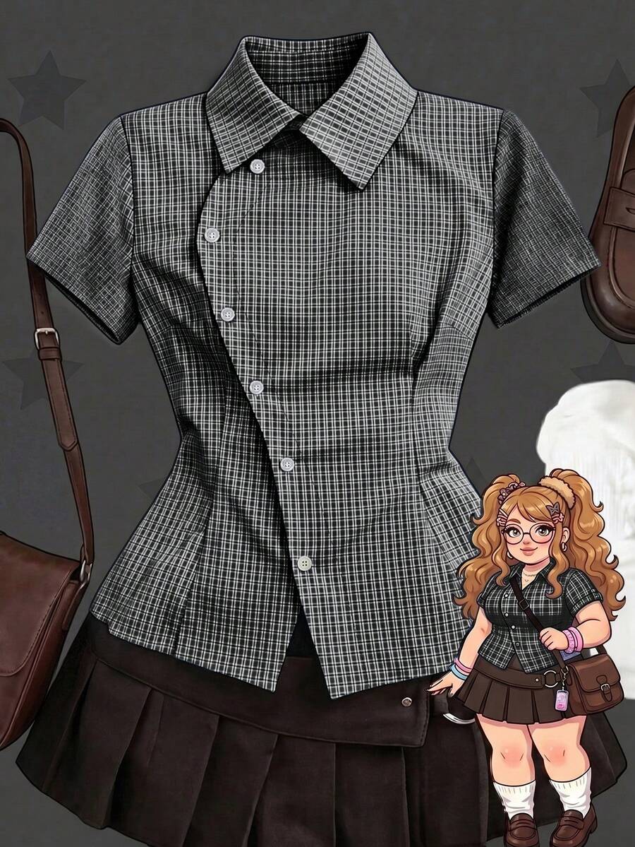 Sunspun Plus Size Spring/Summer Asymmetrical Collar Short Sleeve Plaid Shirt - Multicolor - View 1