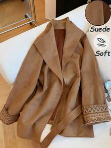 Franclia Maillard braun bedruckter Wildleder-Gürtel Taille-raffende Mantel Damen Herbst/Winter Neujahrskollektionmodischer und schlankmachender Wintermantel Damen Neujahrskollektionbrauner Mantel Damen Elegant Damen Wintermantel - Kamelfarben - Übersicht 3