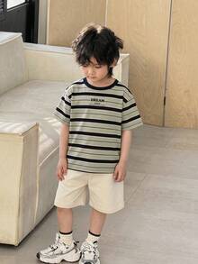 2pcs/Set Young Boys' Casual Striped Print Round Neck Short Sleeve T-Shirt And Solid Color Shorts,Comfortable Versatile Summer Outfit For School Daily - Khaki - View 5