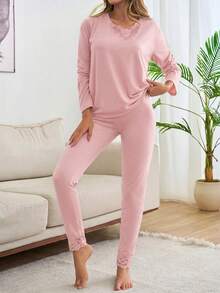 Loomlin 2pcs Cotton V Neck Lace Detail Homewear Set - Baby Pink - View 5