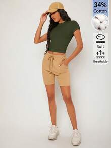 SHEIN BASICS 女款純色休閒圓領短袖短版T恤上衣 白色上衣 - 軍綠色 - 查看 12