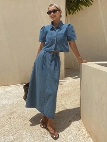 DAZY Women's Single-Breasted Short Sleeve Top And Skirt Casual Daily Denim Set Summer - Blue - View 7