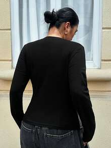 Dazy Plus Letter Print Colorblock Slim Fit Long Sleeve Casual Street Style Spring Autumn T-Shirt - Black - View 2