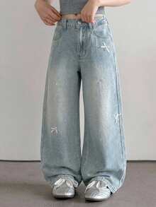 Dazy Kids Jeans de Mezclilla para Niñas Primavera/Verano Nuevo Estilo Bolsillo Trasero con Strass Acampanados (Grande) - Azul lavado medio - Ver 5