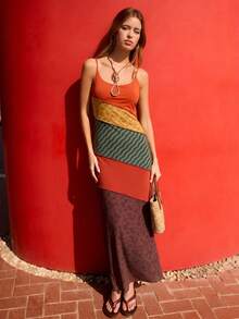 Nöista Vestido maxi con bloques de color y tirantes finos con estampados mixtos en paneles de patchwork, suave y elástico - Multicolor - Ver 4