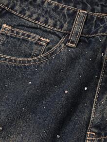 Dazy Tall Celana Jeans Denim Wanita Model Lurus Kasual Jalanan dengan Hiasan Berlian Imitasi untuk Musim Gugur - Medium Wash - View 9