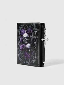 ROMWE Goth 1個哥德式暗色中性骷髏玫瑰創意圖案龐克十字拉鍊零錢包，休閒時尚卡包 - 黑色骷髏 - 查看 3