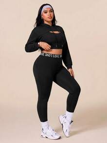 SHEIN Velisys Women's Plus Size Drawstring Hooded Cropped Sweatshirt And Letter Waistband Leggings Sports Set Fall - Black - View 4