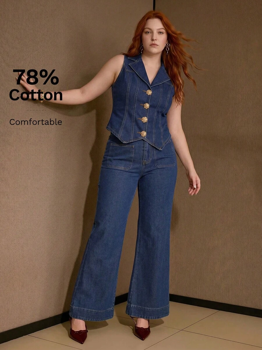 MOTF PREMIUM WOMEN'S PLUS SIZE FRONT BUTTON SLEEVELESS DENIM VEST AND FLARE LEG JEANS SET - Blue - View 1