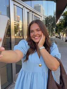 SHEIN CURVE+ Plus Size Women's Ruffled Puff Sleeve V-Neck Dress Elegant Summer - Blue - View 3