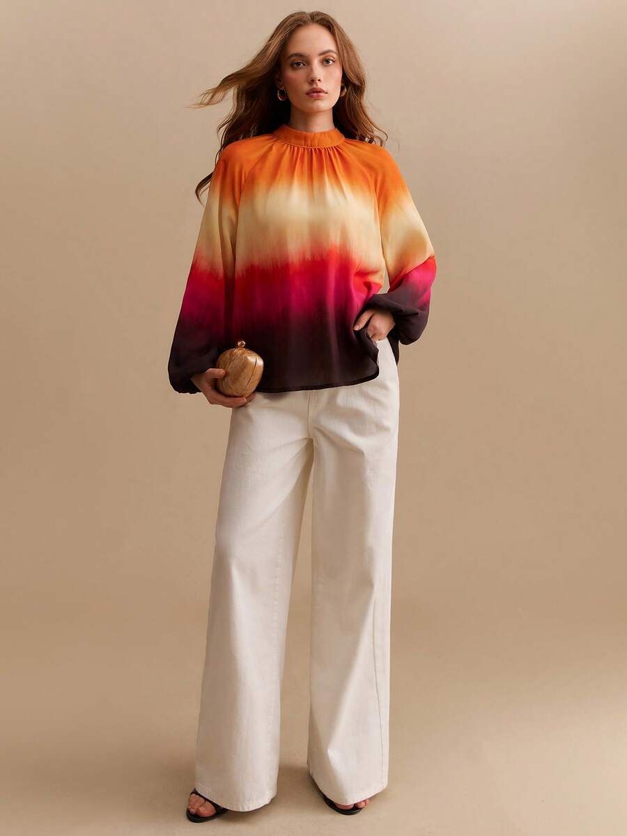CielaLinda Kemeja Wanita Lengan Panjang Motif Gradien Tie-Dye dengan Belahan Belakang - MultiWarna - View 1