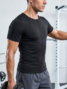 Gym Rark ملابس علوية ساونا رجالي بسحاب وأكمام قصيرة، توب ضاغط، تحكم في البطن، تشكيل الجسم، تمرين الجيم، تي شيرت لياقة لفقدان الوزن، بدلة رياضية ضيقة للتعرق - فضي - مشاهدة 4