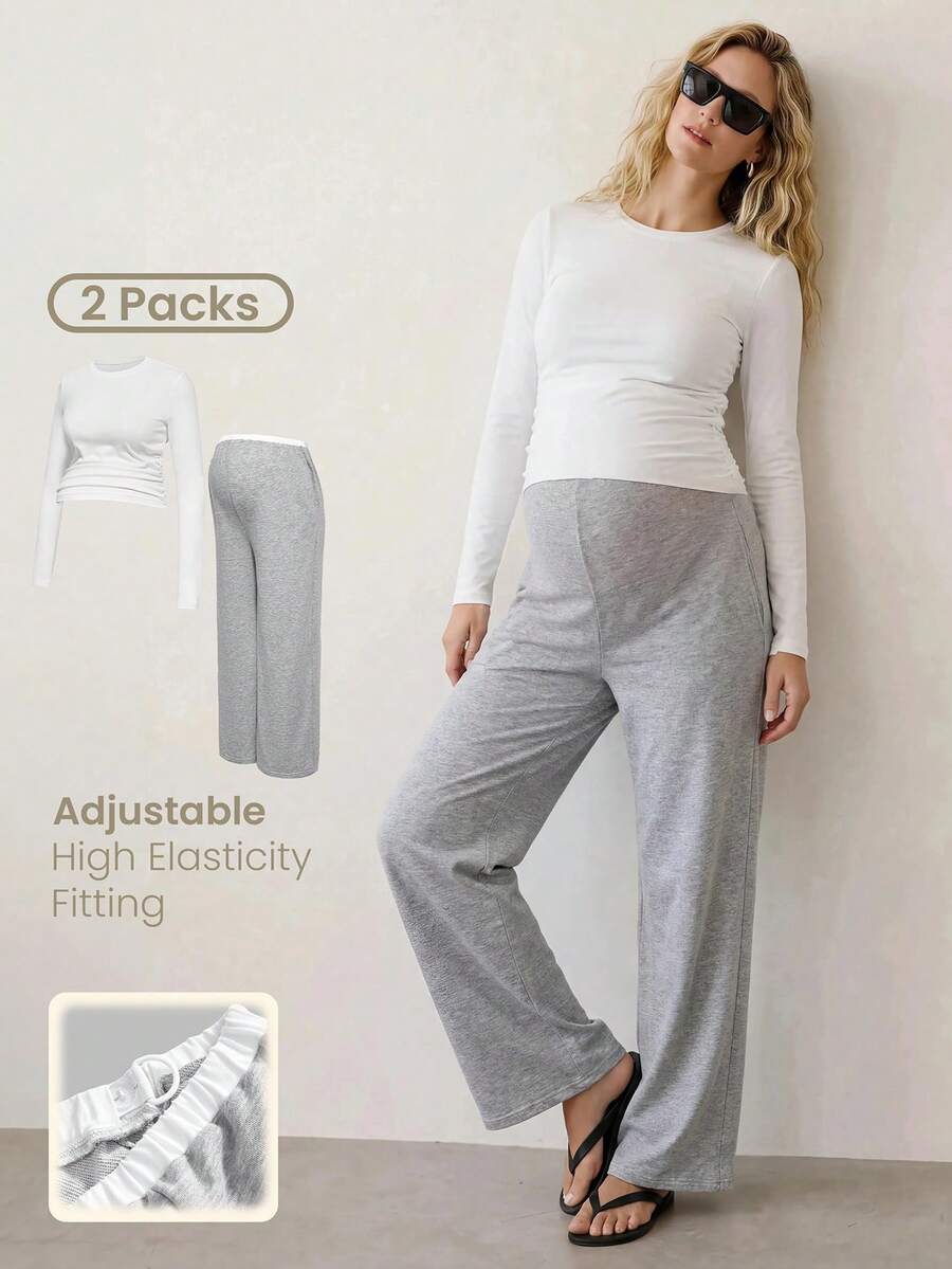 Modmama Autumn And Winter 2pcs Maternity Casual Round Neck Long Sleeve Top And Pants Set - White - View 1