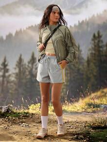 Exploreva Exploreva Women's Drawstring Waist Pocket Casual Versatile Daily Outdoor Shorts - Silver - View 6