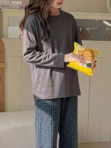 DAZY 青少年女孩秋季服飾 青少年女孩圓領針織印花短袖T恤 + 格紋睡褲家居服套裝 - 深灰色 - 查看 6