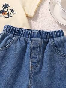 SHEIN Little Byeori 2件套男婴可爱卡通印花针织短袖T恤和弹力腰蓝色牛仔短裤套装，夏季 - 彩色 - 查看 3